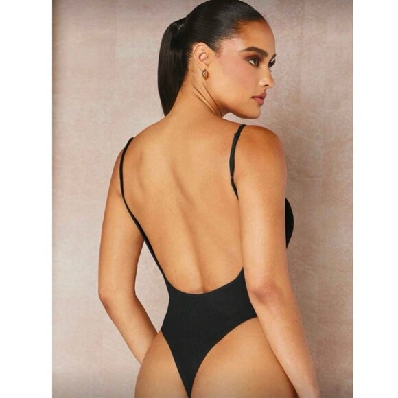 SHEIN Black Ribbed Low Back Thong Bodysuit Women’s Size Small EUC - Picture 1 of 7